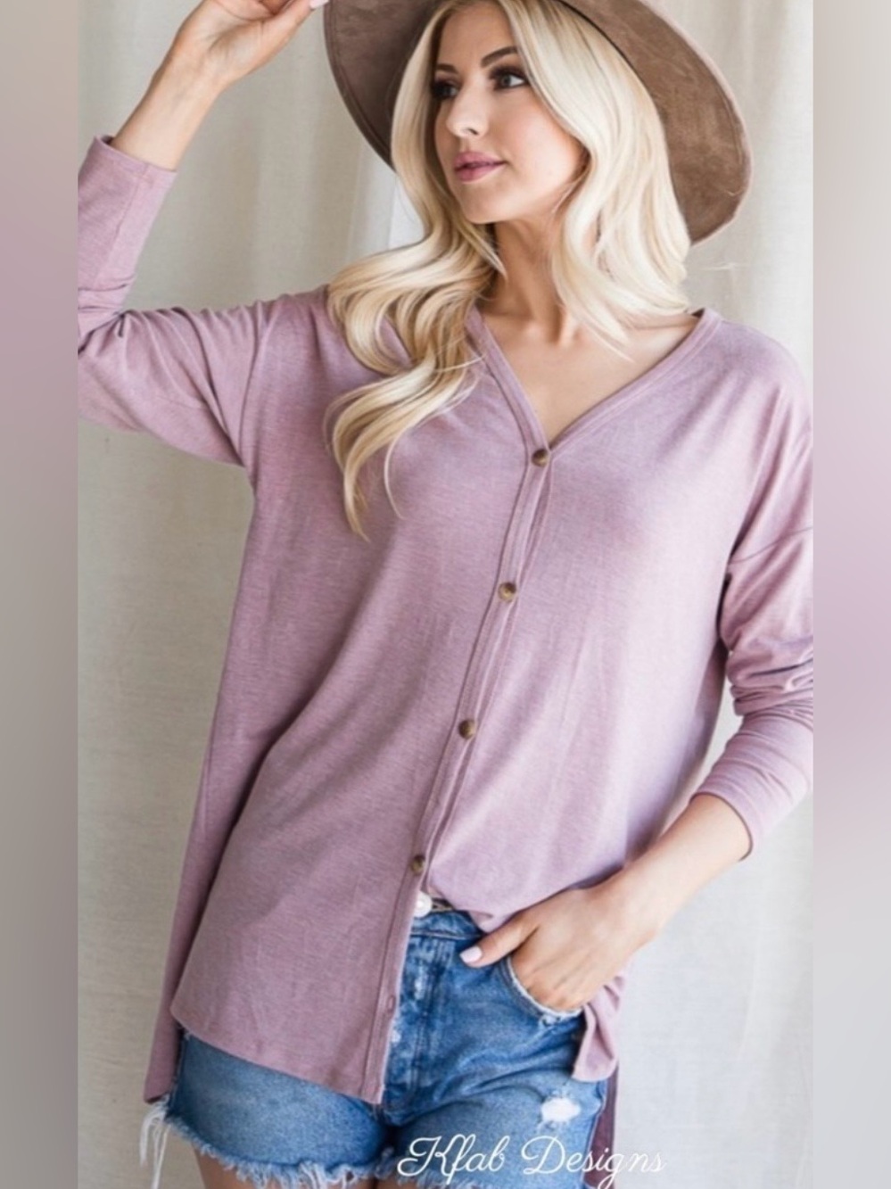 HOPELY Lilac Pink Purple Soft Button-Front V-Neck Cardigan / Long Sleeved Top